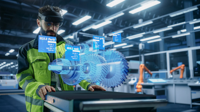 utomobil-Fabrik-Ingenieur verwendet Augmented-Reality-Headset zur Analyse und Manipulation eines virtuellen Getriebemodells vor automatisierten Roboterarmen